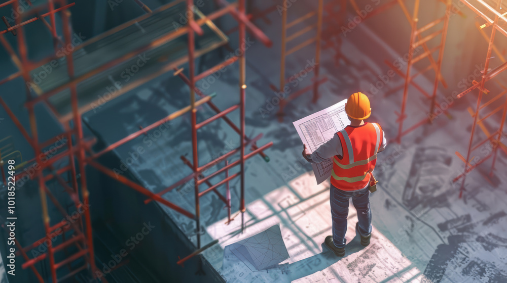 Poster construction worker examines blueprints on building site, surrounded by scaffolding and construction