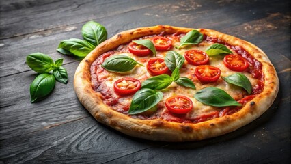 Fresh baked thin crust Italian pizza with tomato sauce, pepper, cheese, and basil leaf on a dark rustic table background