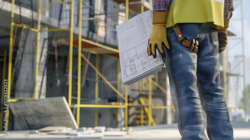 Poster construction worker holding blueprints at building site, surrounded by scaffolding and construction 