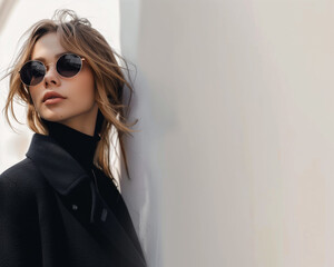 Stylish Young Woman Wearing Sunglasses and Black Coat Leaning Against Wall - Fashion Portrait