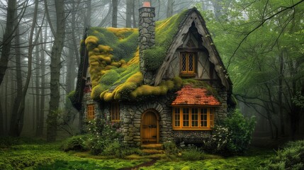Enchanted Stone Cottage in a Misty Forest