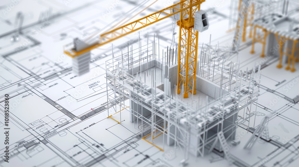 Poster construction site with crane over architectural blueprints, showcasing buildings framework and struc