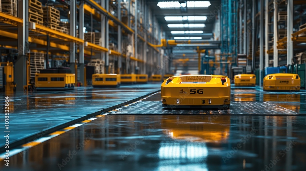 Poster 3d rendering of a smart factory floor with agvs transferring materials, demonstrating how 5g enhance