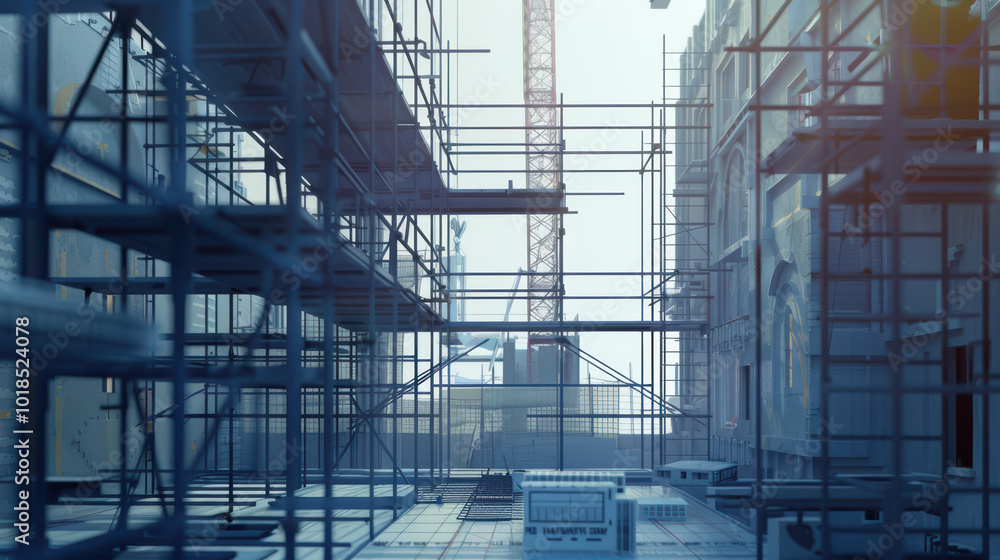 Poster image showcases construction site with scaffolding, cranes, and modern architectural structure. atmo