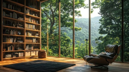 Cozy reading nook with large windows, offering a stunning view of lush nature and a well-organized bookshelf.