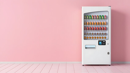a minimalist and modern-style vending machine set against a pastel pink wall. Small business, self-service vending machines in public places. machine vending at the station