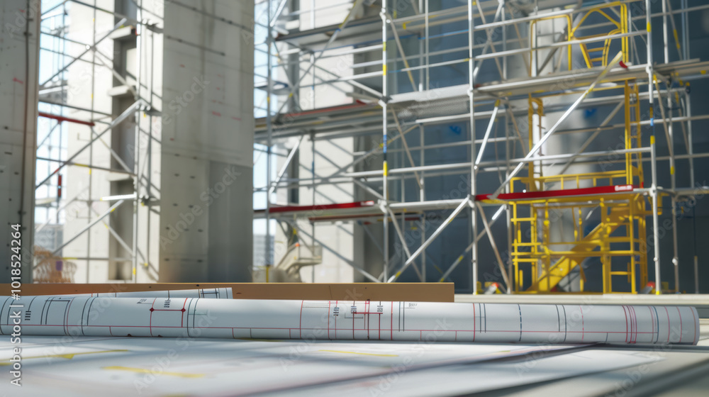 Poster construction site with blueprints and scaffolding, showcasing planning and structure of building pro