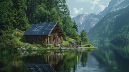 Fototapeta premium Serene Lakeside Cabin with Solar Panels