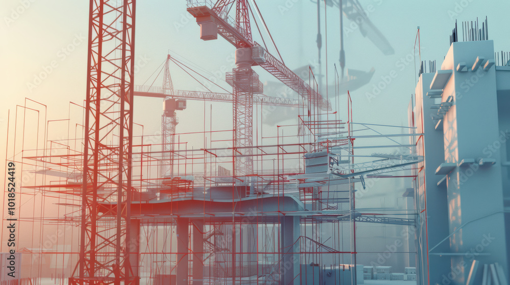 Poster construction site showcases cranes and scaffolding, highlighting intricate framework of building und