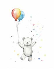 Little polar teddy bear with balloons Watercolor style illustration for baby shower Greeting cards 