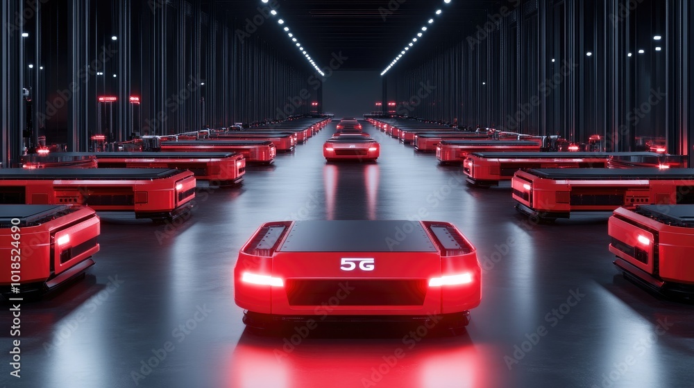 Poster 3d rendering of a smart factory floor with agvs transferring materials, demonstrating how 5g enhance
