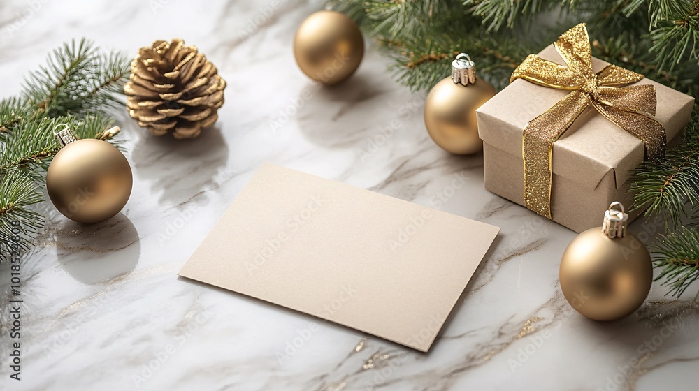 Poster Photorealistic with side space for letters Minimalist card mock-up on a marble surface with subtle golden ornaments around Stock Photo with copy space