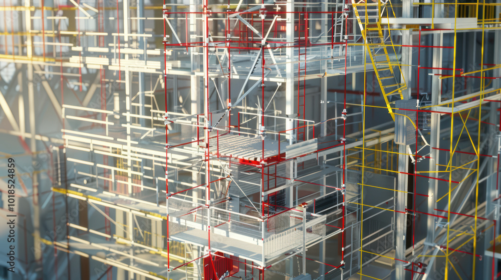 Poster scaffolding structure in construction site showcasing intricate details and vibrant colors. image ca