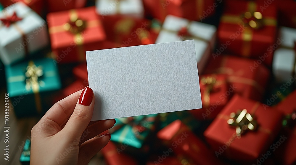 Poster photorealistic with side space for letters christmas card mock-up held by a hand over a pile of wrap