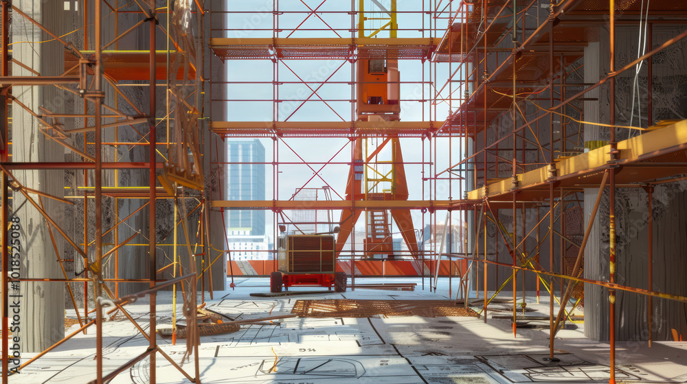 Poster construction site features scaffolding and machinery, showcasing vibrant urban environment. intricat