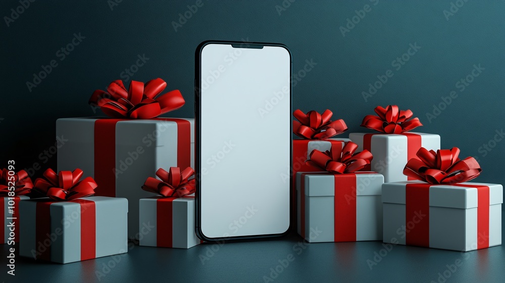 Aufkleber Photorealistic with side space for letters Blank smartphone mock-up propped up on a stack of gift boxes with red and white bows Stock Photo with copy space