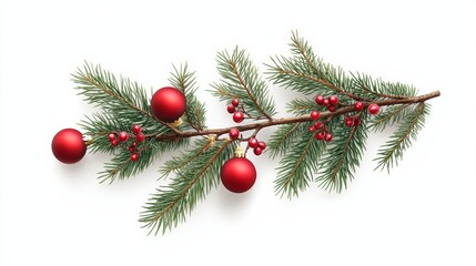 Fototapeta premium Realistic Christmas tree branch with red baubles and lights, isolated on a white background