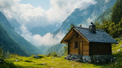 Fototapeta premium Eco-Friendly Wooden Cabin in Scenic Mountain Landscape