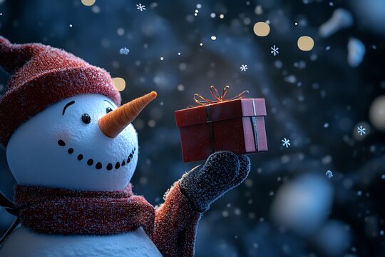 Snowman holding a present, festive atmosphere with falling snow, holiday spirit in winter wonderland.