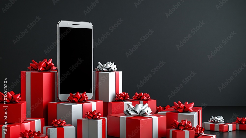 Poster photorealistic with side space for letters blank smartphone mock-up propped up on a stack of gift bo