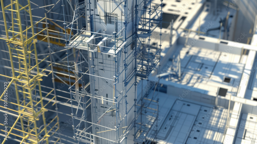 Poster construction scaffolding and structural framework are prominently featured in this detailed image, s