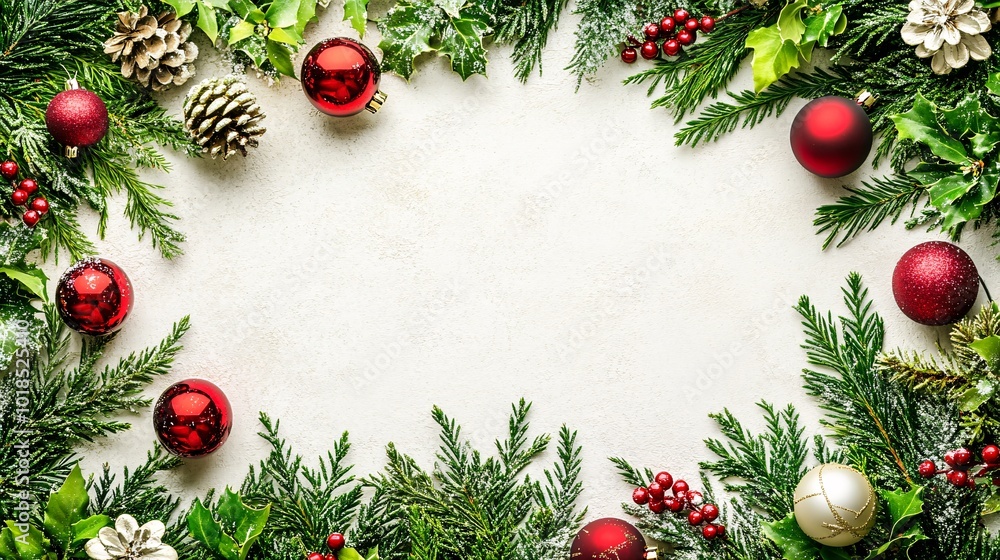 Poster photorealistic with side space for letters card mock-up on a table surrounded by festive greenery an