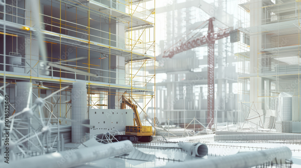 Poster construction site features heavy machinery and scaffolding, showcasing busy environment filled with 