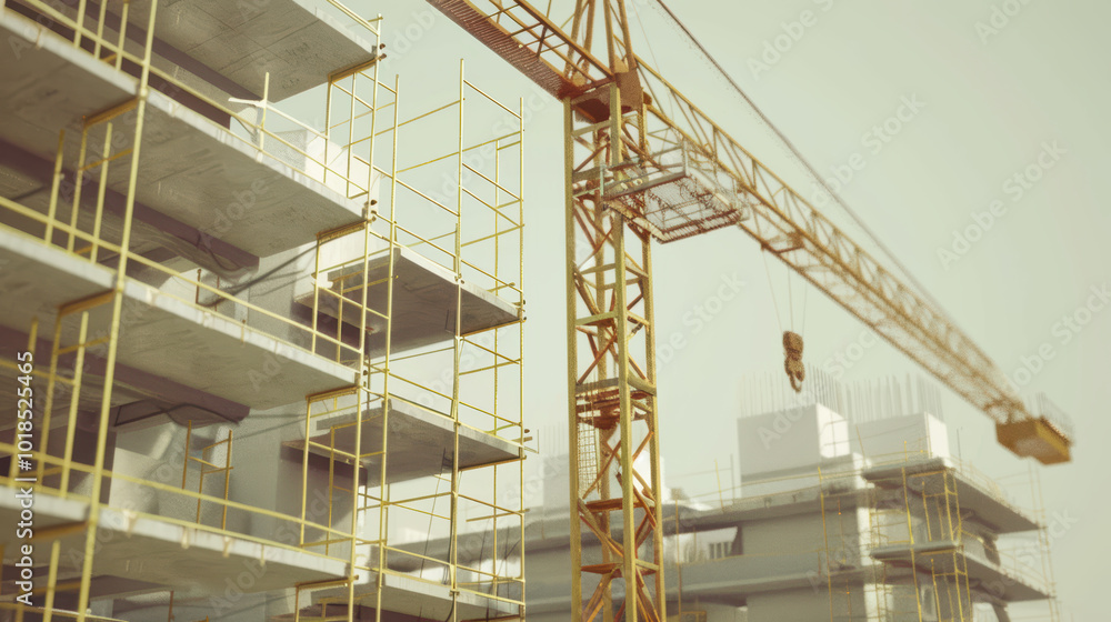 Poster construction site with crane and scaffolding, showcasing modern building techniques and materials. s