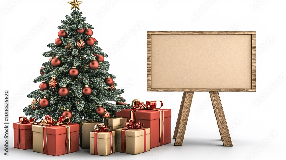 Poster Isolated on white background with side space for letters 3d-render clay style Christmas tree and presents next to a blank sign for festive promotions Stock Photo with copy space