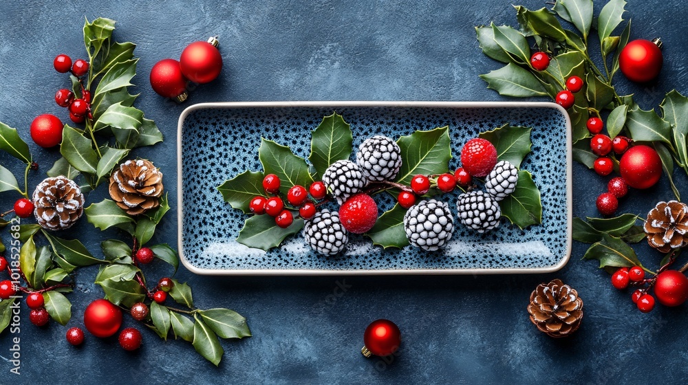 Poster photorealistic with side space for letters card mock-up on a table surrounded by festive greenery an