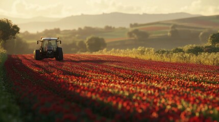 Fototapeta premium A scenic view of a tractor cultivating red flower fields under the warm spring sun, representing the fusion of agriculture and nature in the countryside.