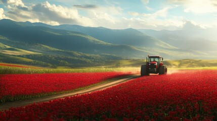 Fototapeta premium A scenic view of a tractor cultivating red flower fields under the warm spring sun, representing the fusion of agriculture and nature in the countryside.