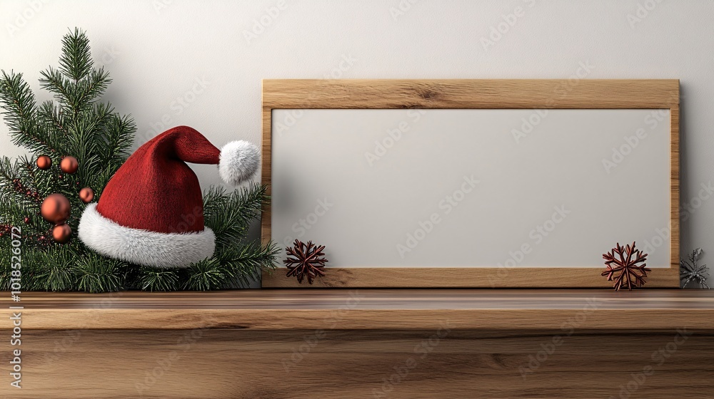 Poster isolated on white background with side space for letters 3d-render clay style santa hat and snowflak