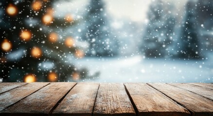 A serene winter scene featuring falling snowflakes and a warm wooden table, perfect for holiday themes and cozy gatherings.