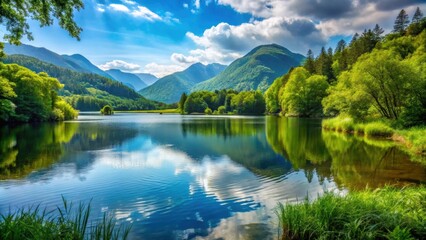 Fototapeta premium Tranquil lake surrounded by lush greenery and mountains in the background, landscape, beautiful, nature, serene, peaceful