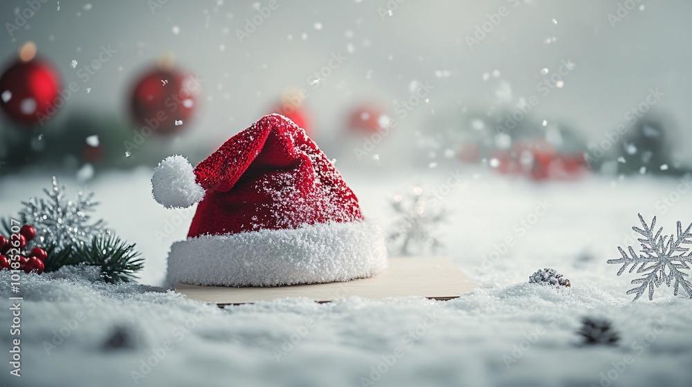 Poster Isolated on white background with side space for letters 3d-render clay style Santa hat and snowflakes around a blank board for holiday greetings Stock Photo with copy space