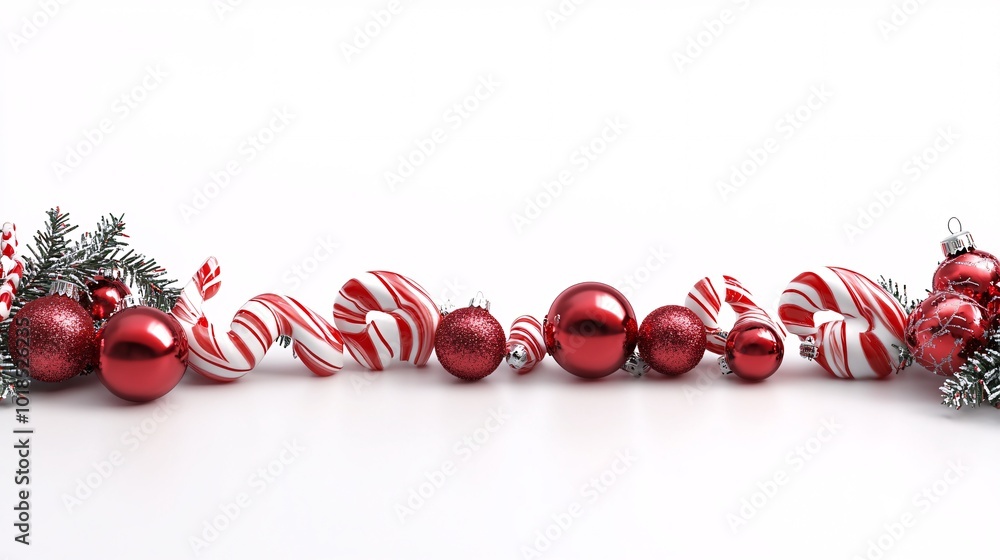 Poster isolated on white background with side space for letters 3d-render clay style candy canes and orname