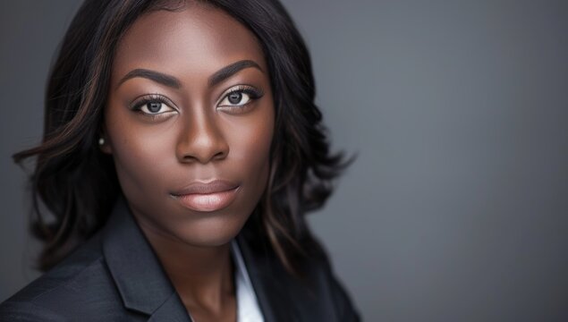 Beautiful Powerful Black businesswoman with shoulder-length hair, wearing a business suit, copy space. Diverse employment manager boss ceo