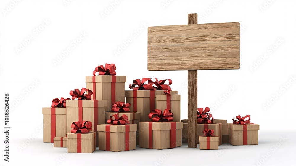 Poster Isolated on white background with side space for letters 3d-render clay style gift boxes with ribbons next to an empty sign for Christmas sale announcements Stock Photo with copy space