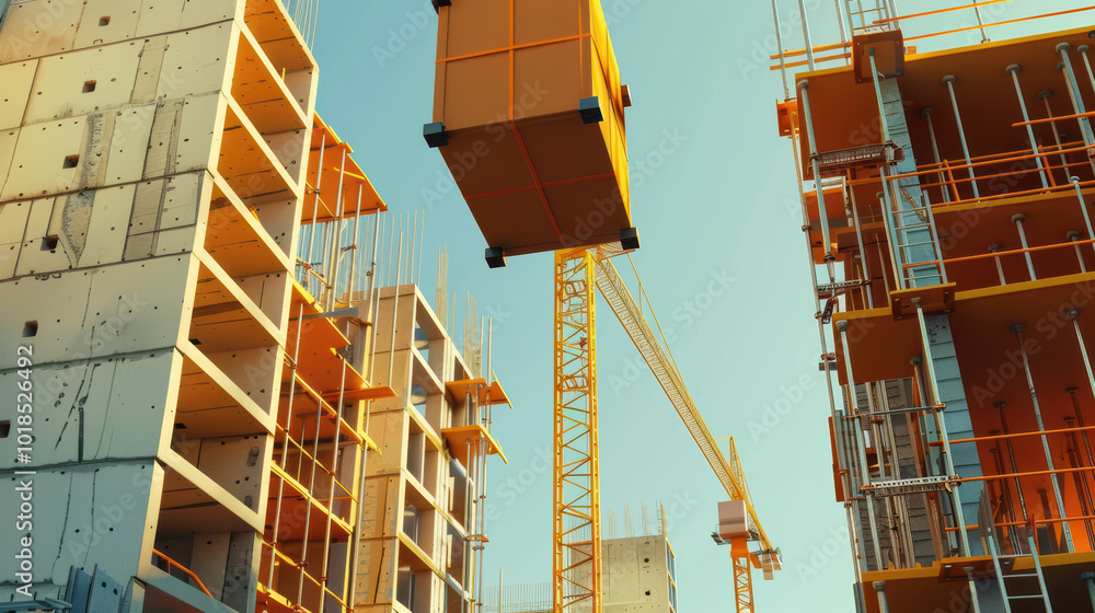 Poster construction site with cranes and building structures under development, showcasing modern architect
