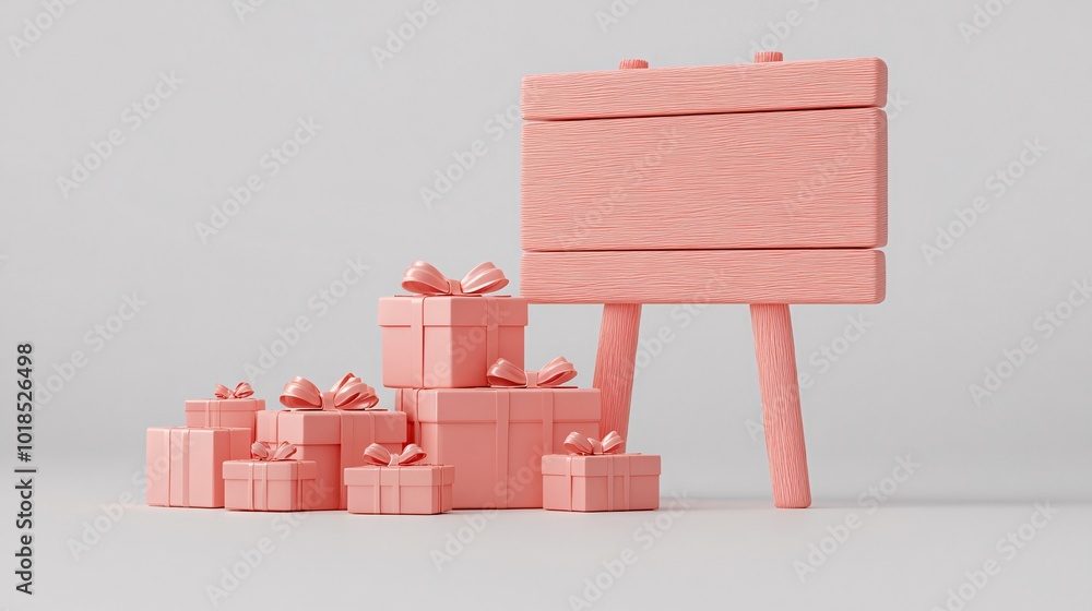 Aufkleber Isolated on white background with side space for letters 3d-render clay style gift boxes with ribbons next to an empty sign for Christmas sale announcements Stock Photo with copy space
