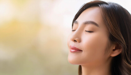 portrait of a woman with her eyes closed, exudes calm and tranquility, warm lighting enhances her relaxed expression, creating a peaceful and meditative atmosphere, mindfulness, relaxation, wellness