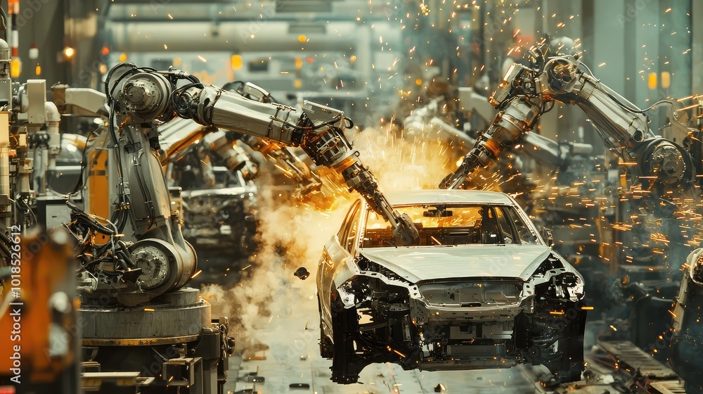 Poster dynamic scene of robotic arms assembling a car in a high-tech factory, showcasing automation in mode