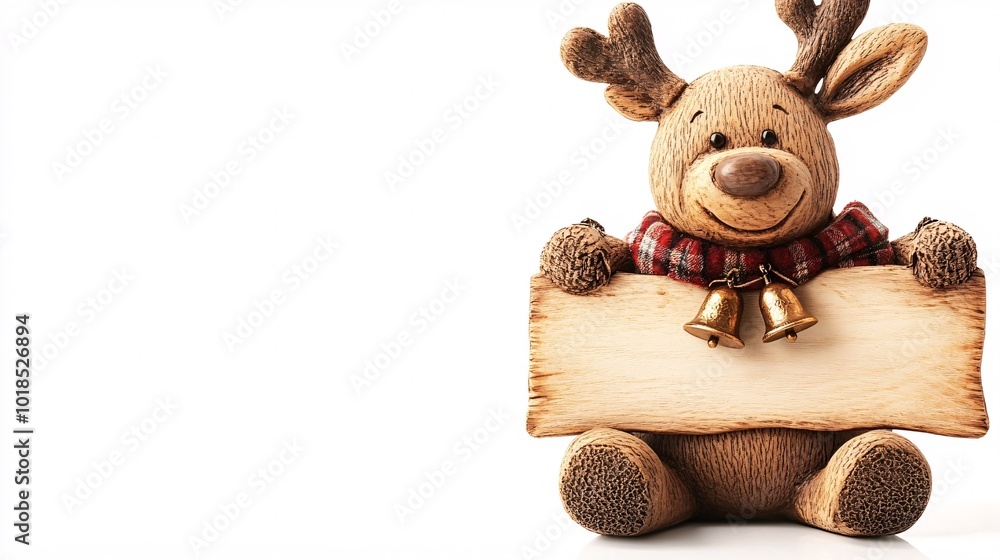 Poster isolated on white background with side space for letters 3d-render clay style reindeer figure and ho