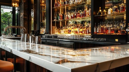 Elegant bar interior featuring a polished marble countertop and a display of diverse spirits arranged on shelves.