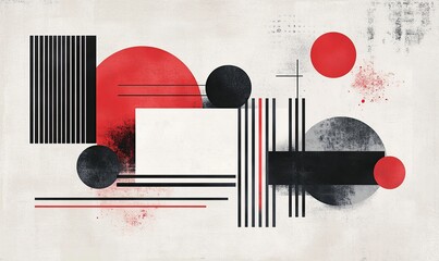 Abstract geometric design with red and black circles and squares on white background