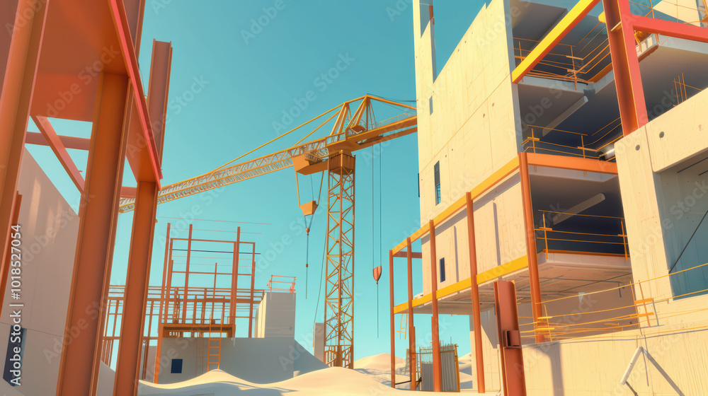 Poster vibrant construction site featuring cranes and partially built structures under clear blue sky. scen