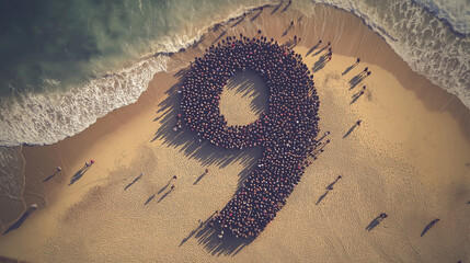 Aerial view of a large number of people gathered on the beach forming the number nine during a sunny day