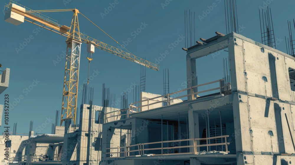 Poster construction site with crane and concrete structures under development, showcasing progress of moder