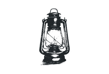Antique oil lamp illuminating a rustic setting. Vector retro hand drawn illustration.